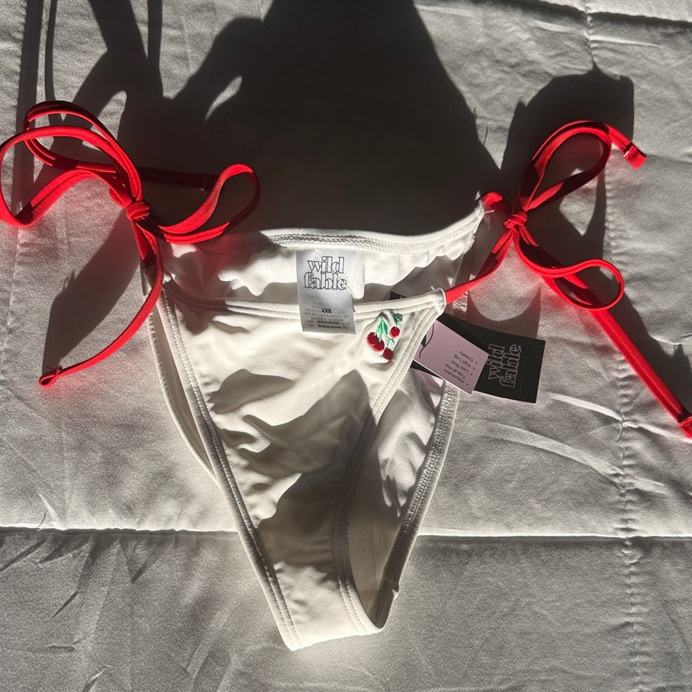 wild fable White Bikini Bottom with Neon Pink Tie Strings and Cherry Detail